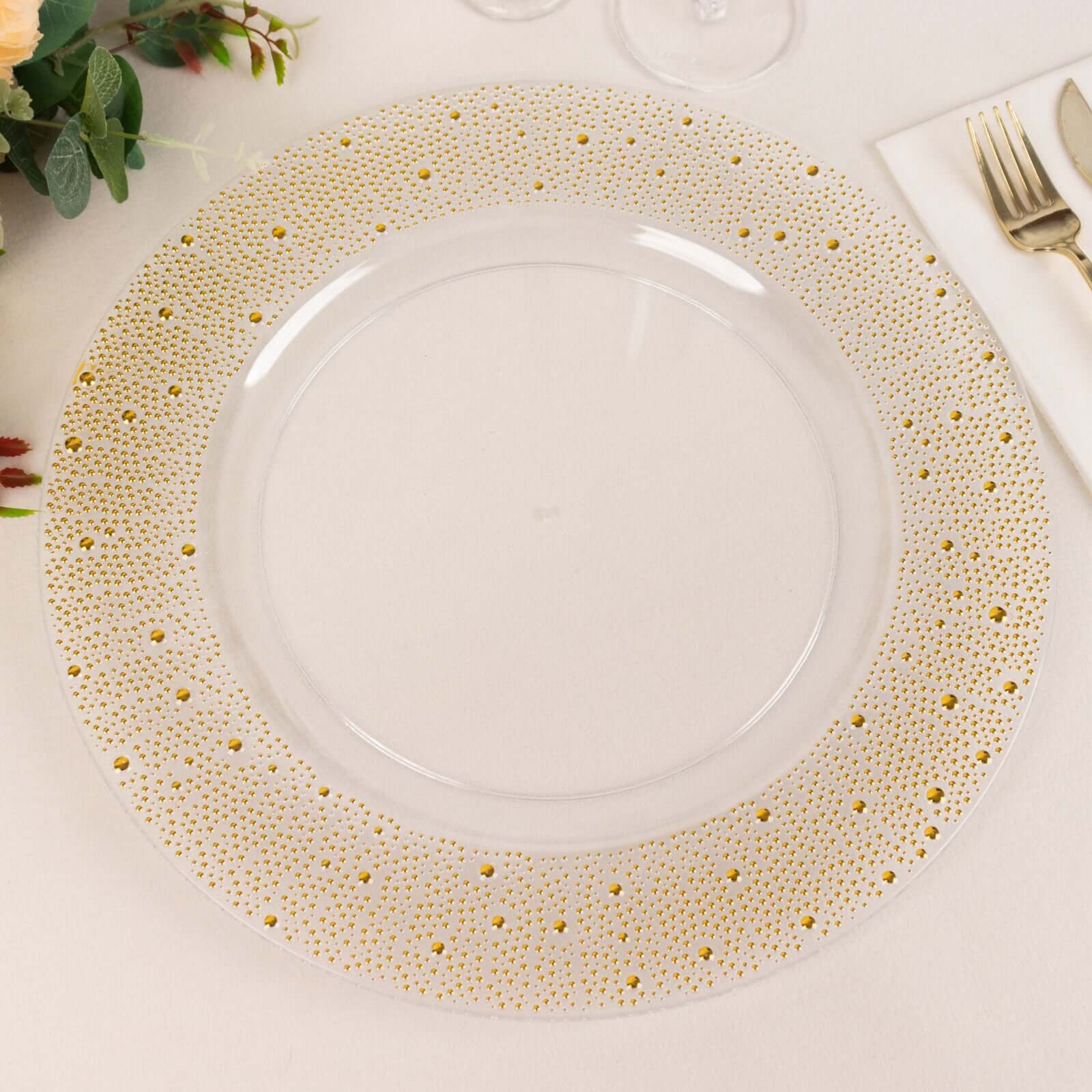 6-Pack Plastic Charger Plates 13" Round Clear with Gold Pearl Beaded Rim - Upscale Dinner Serving Plates - Image 3